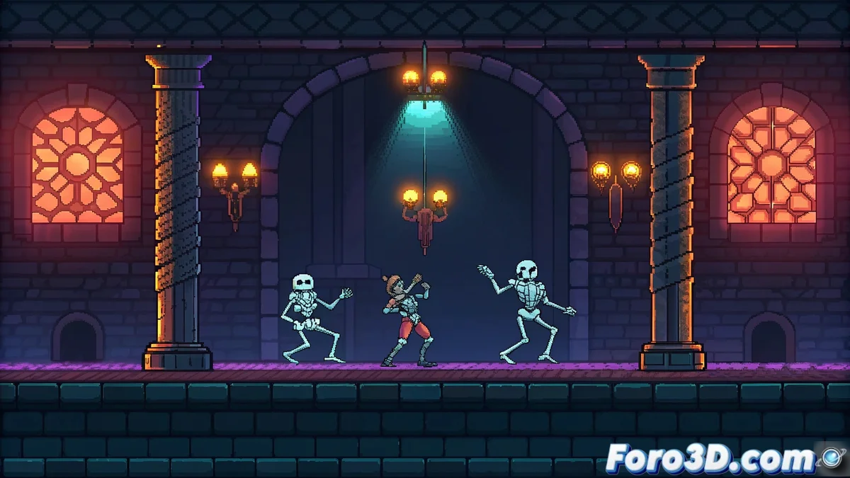 Captura de Rift of the NecroDancer mostrando personajes pixel art animados, efectos visuales rítmicos y escenarios vibrantes sincronizados con la banda sonora.