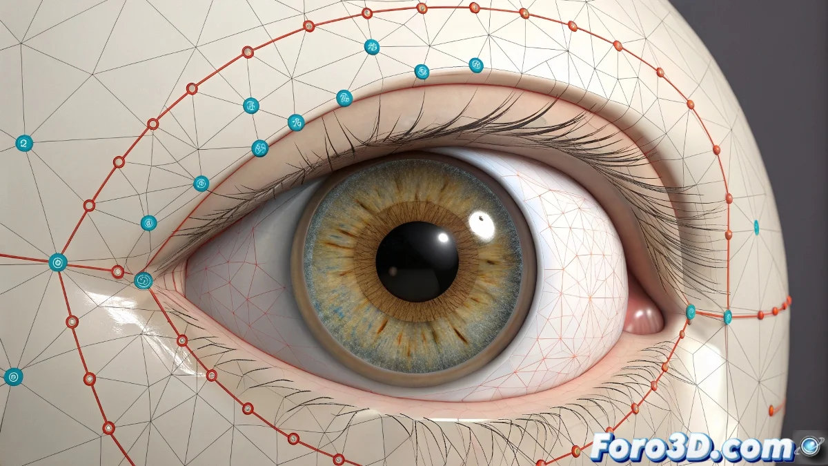 Sistema de rigging en 3ds Max mostrando puntos de control de parpado constrained a un helper central en el globo ocular, siguiendo una trayectoria curva.