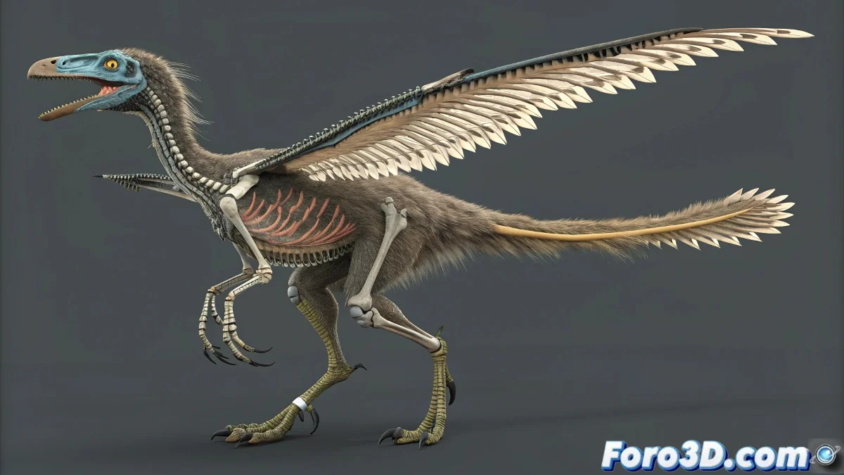 Vista lateral de un rig de microraptor en software 3D mostrando la estructura ósea con bones, controladores para patas y cola.