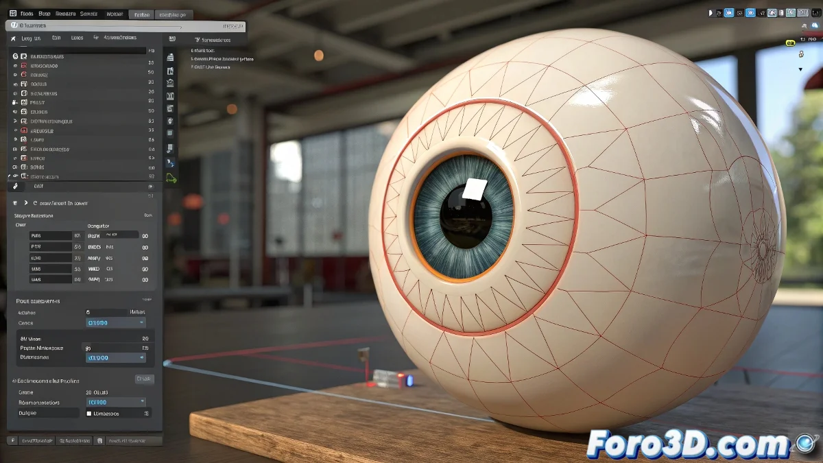 Personaje 3D con ojos animados y pupilas que se dilatan, mostrando el rig en 3ds Max.
