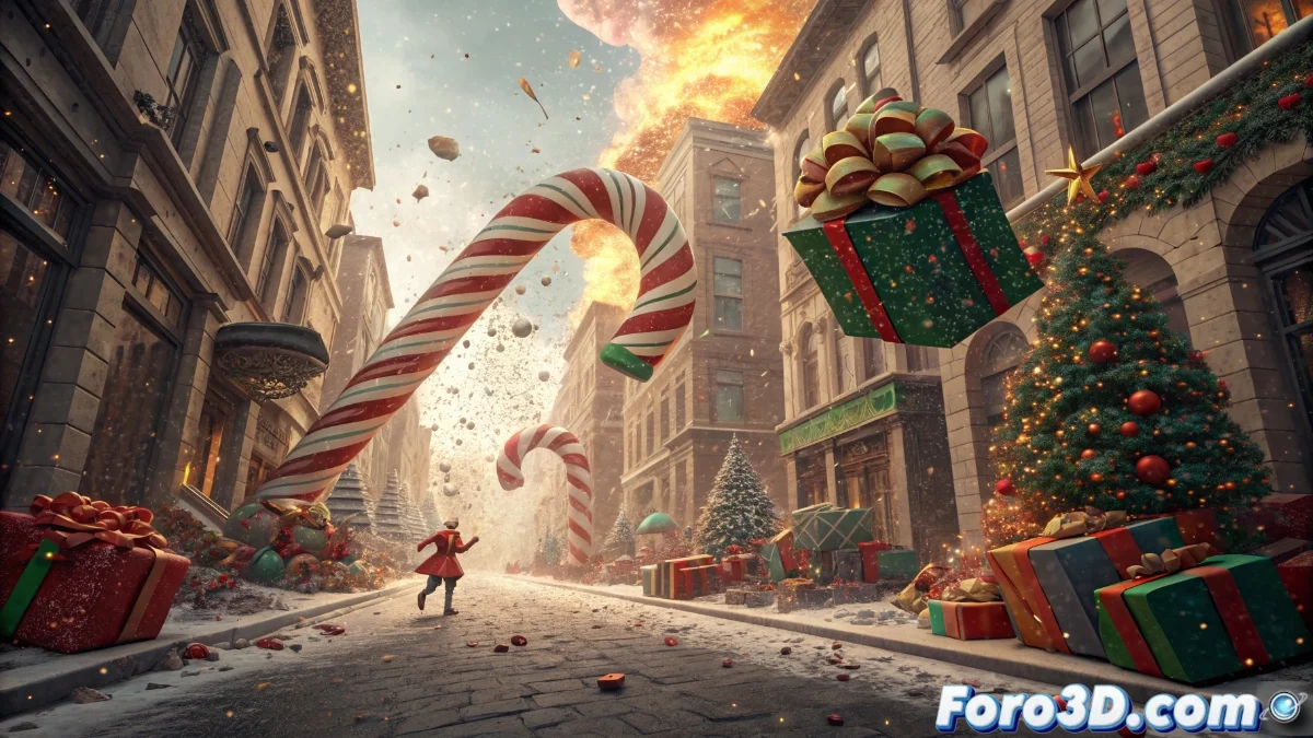 Secuencia de Candy Cane Lane en Peacemaker mostrando decorados navideños destruidos con efectos visuales de explosiones y caramelos gigantes en un entorno festivo caótico