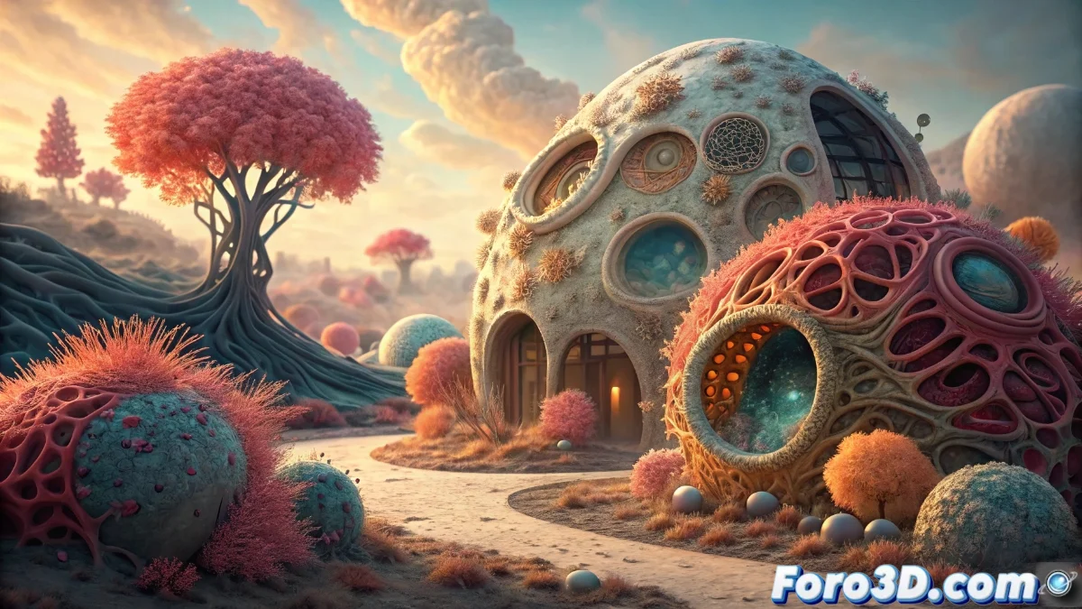 Composición 3D abstracta que muestra un modelo arquitectónico distorsionado con texturas procedurales y elementos low-poly fusionados en una escena onírica