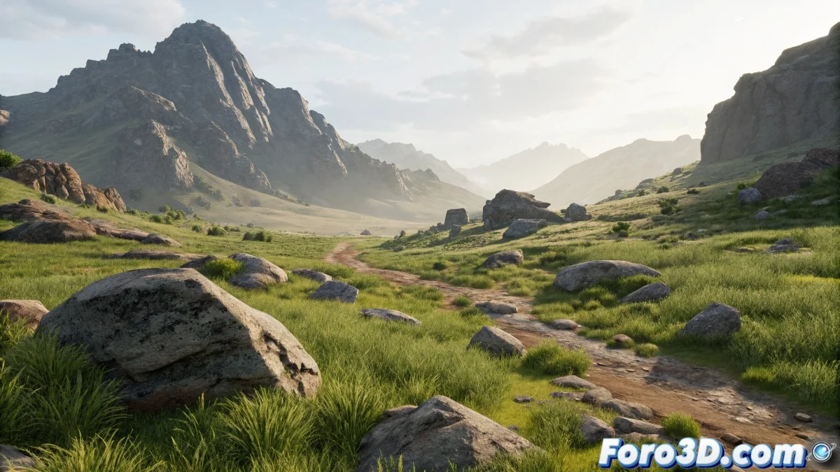 Diagrama ilustrativo de Runtime Virtual Textures proyectando detalles de color, normales y profundidad sobre un terreno extenso en Unreal Engine, mostrando la integración entre objetos estáticos y dinámicos.