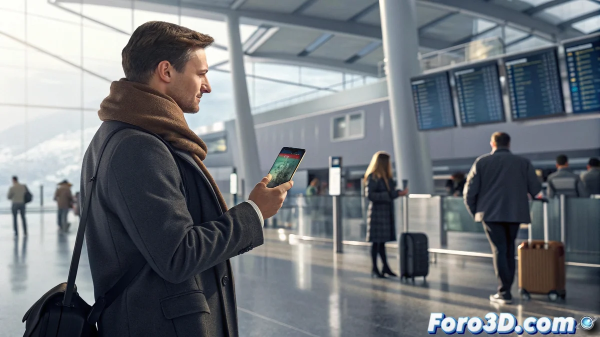 Pasajero mostrando su tarjeta de embarque digital en el móvil frente al mostrador de Ryanair con otros viajeros en el aeropuerto de fondo