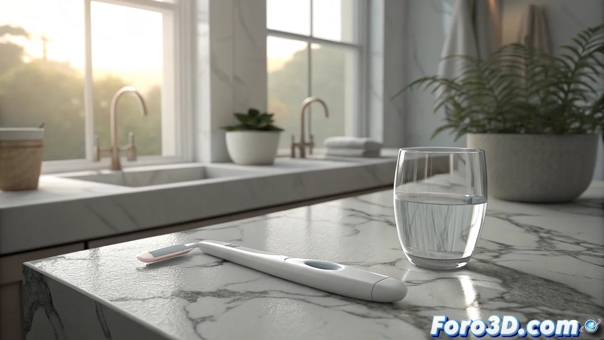 Mujer realizando test de embarazo Salistick con dispositivo en formato stick sobre fondo azul claro, mostrando la aplicación práctica de la tecnología salival