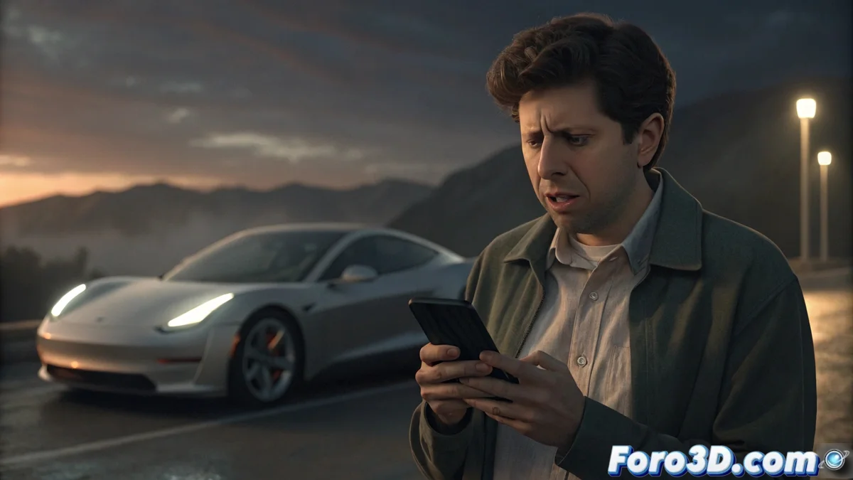 Sam Altman con expresión frustrada mirando su teléfono móvil mientras aparece un Tesla Roadster de fondo difuminado