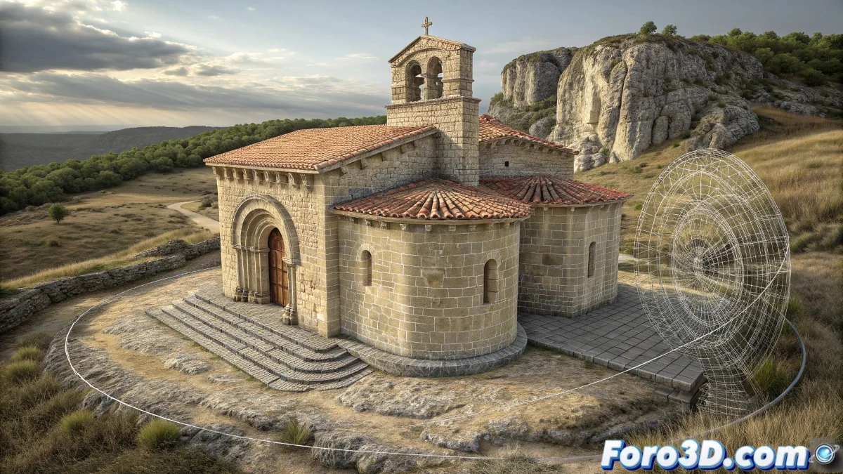 Pintura digital en Corel Painter de la Ermita de San Bartolomé mostrando símbolos templarios, iluminación dorada y el paisaje místico del Cañón del Río Lobos al atardecer