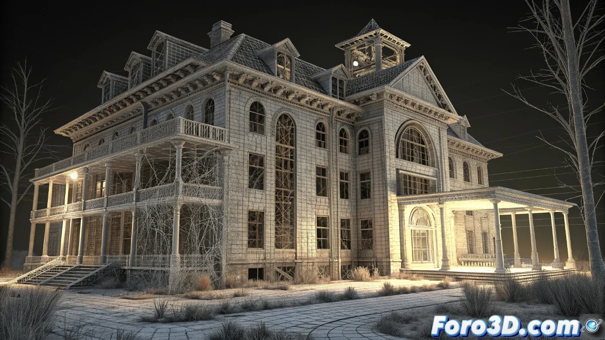 Render 3D del Sanatorio de Agramonte en Houdini mostrando pasillos abandonados con efectos de niebla volumétrica, luces tenues y partículas de polvo flotando en el ambiente