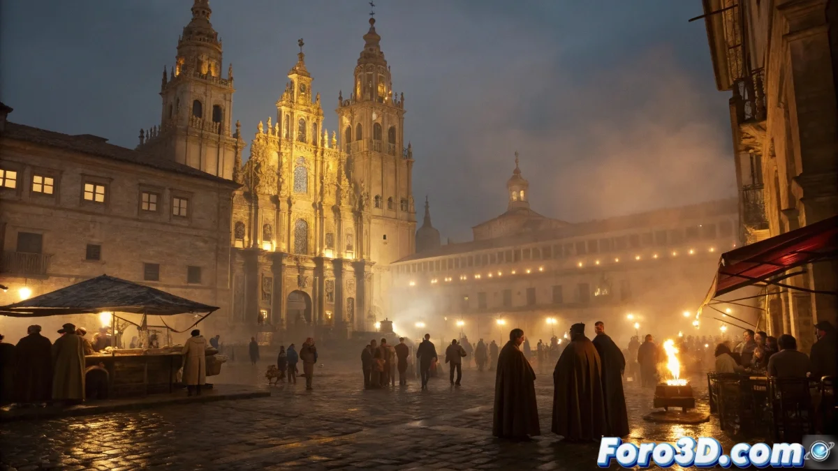 Vista panorámica del casco histórico de Santiago de Compostela durante las Festas do Apóstolo, con calles adornadas con motivos jacobeos, gente disfrutando de conciertos de gaitas y tambores, y puestos de artesanía local.