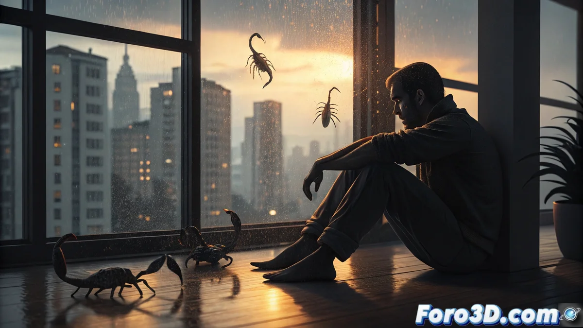 Portada del libro Los escorpiones mostrando un diseño abstracto con laberintos emocionales y figuras de escorpiones estilizados sobre fondo urbano nocturno