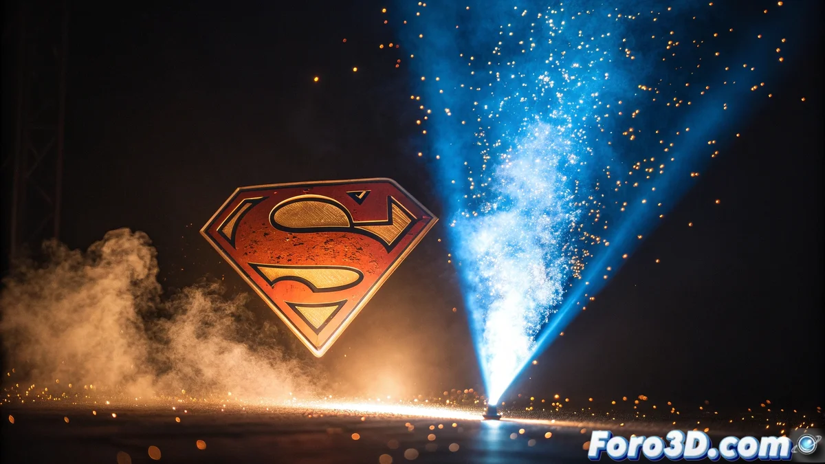 Secuencia de titulos de Superman con tipografia dinamica y efectos de luz volumetrica sobre fondos de vidrio y humo analogicos