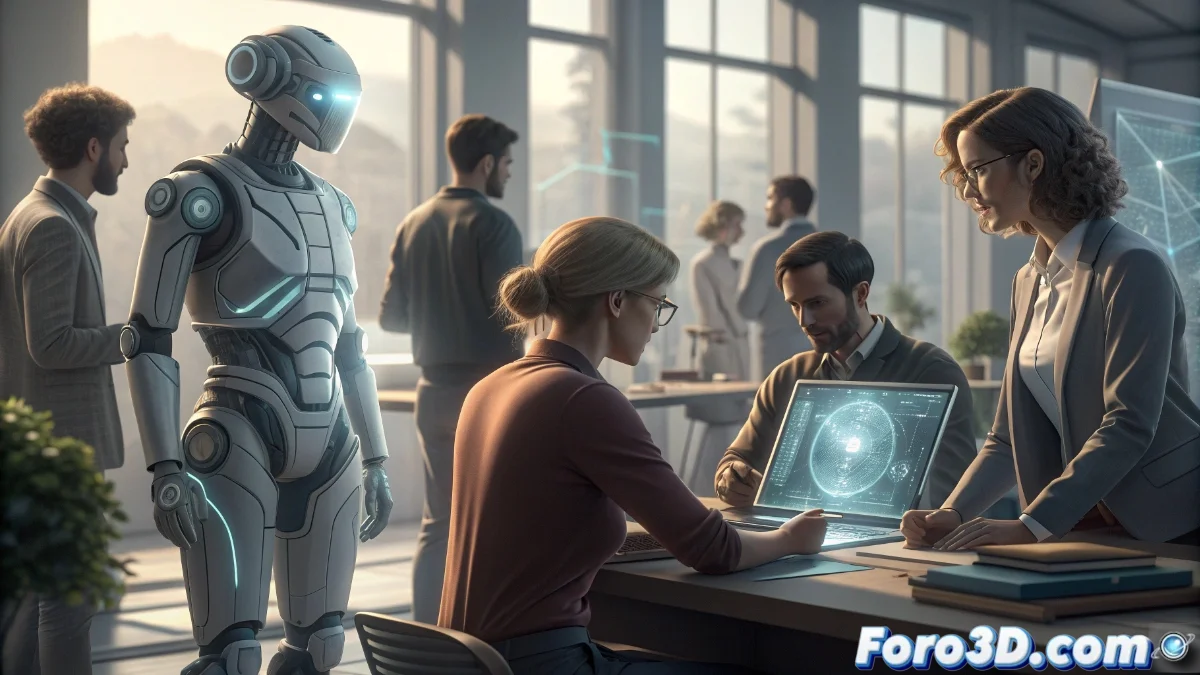 Satya Nadella, director ejecutivo de Microsoft, hablando en un evento sobre inteligencia artificial con gráficos que muestran aplicaciones prácticas de IA en diversos campos