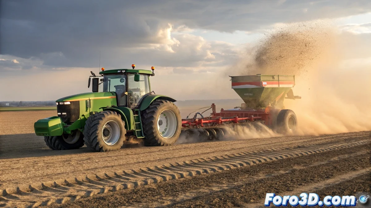 Sistema de particulas en 3ds Max mostrando semillas siendo emitidas desde la parte trasera de un tractor en movimiento, con trayectorias parabolicas y dispersion realista sobre el terreno.