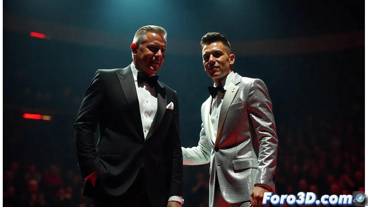 Sergio Ramos en el escenario de los Latin Grammy junto a Bad Bunny, ambos sonriendo y compartiendo un momento durante la presentación musical