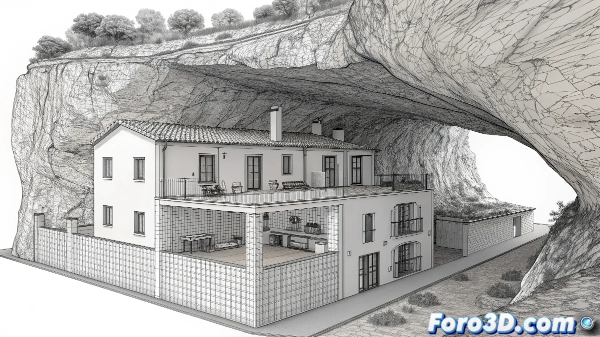 Calle del pueblo de Setenil de las Bodegas con casas bajo la roca, procesamiento digital con integración 3D y efectos de iluminación natural.