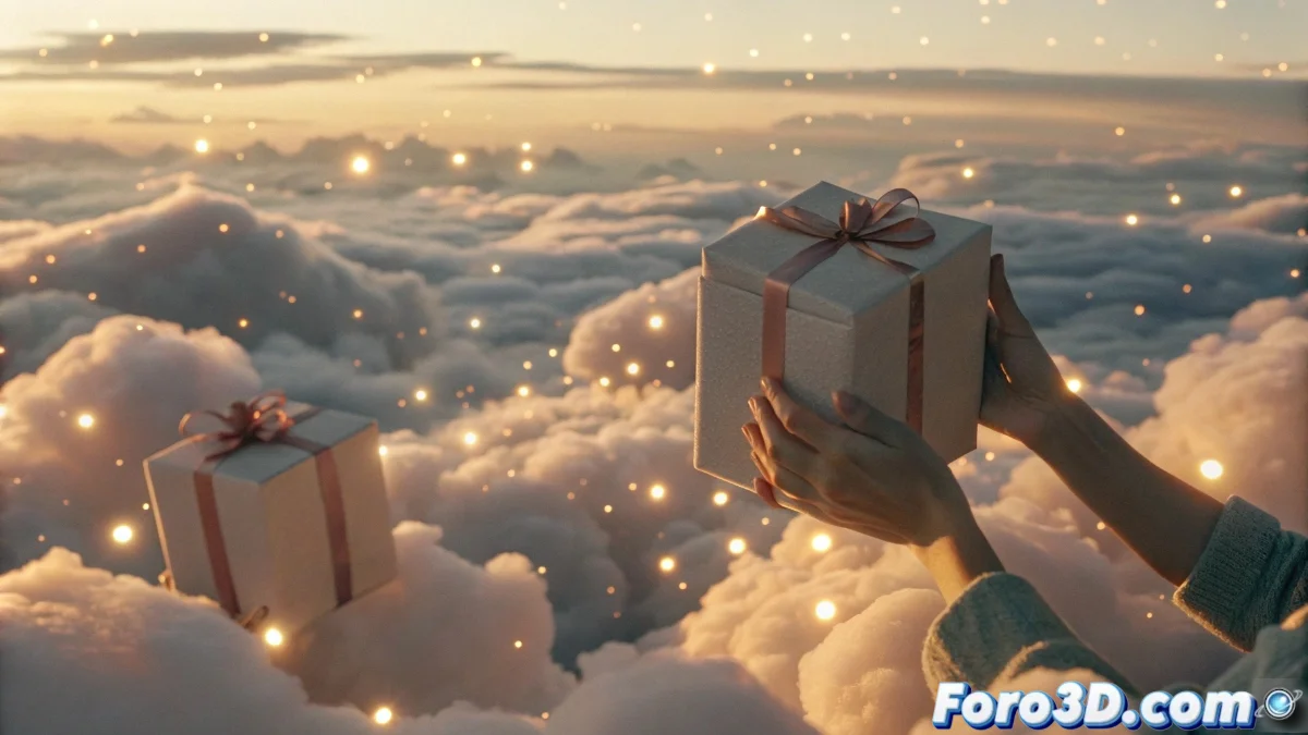 Ilustración onírica de manos recibiendo regalos brillantes con envolturas coloridas, representando la activación cerebral durante el sueño