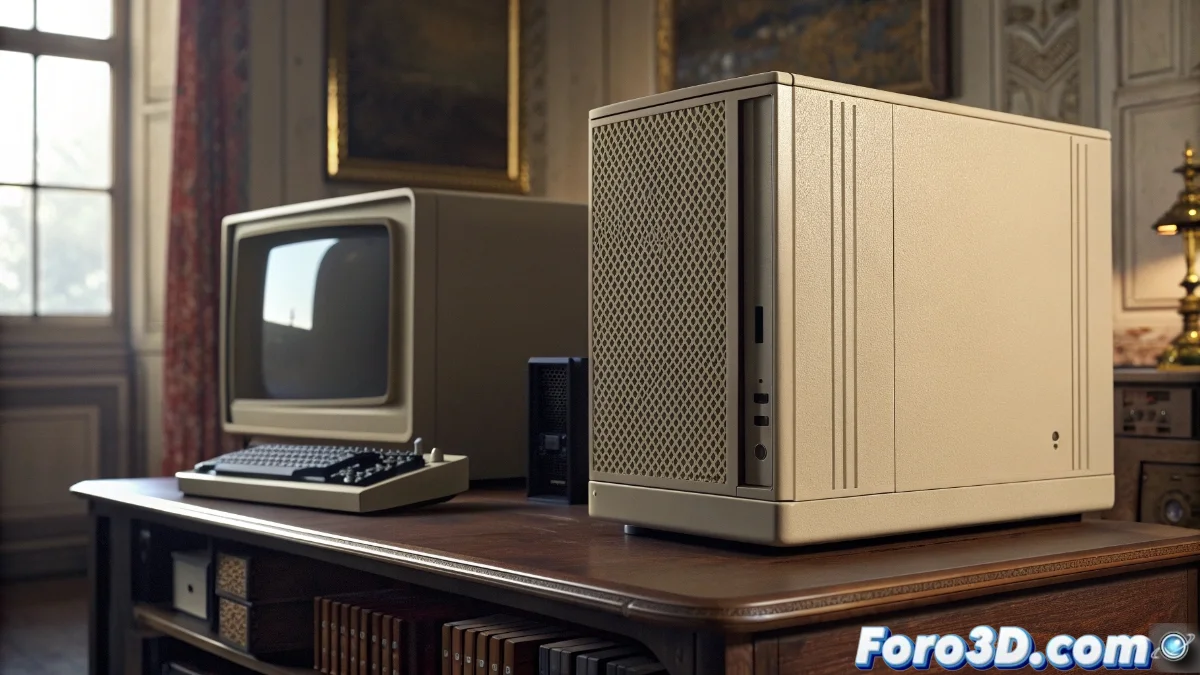 Chasis SilverStone FLP03 color beige arena, mostrando diseño retro con puertos frontales USB y audio, interior organizado con ventiladores y ranuras de expansión visibles.