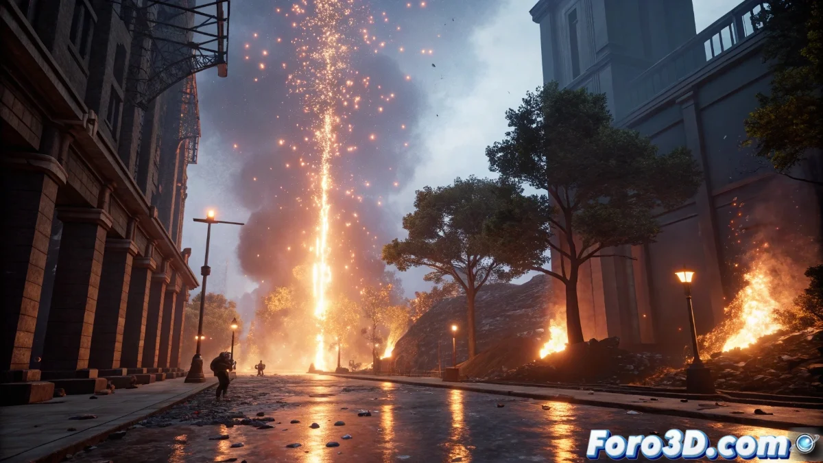 Diagrama de arquitectura de eventos en Unreal Engine 5 mostrando delegados, interfaces y sistemas de reacción en cadena para efectos visuales y gameplay