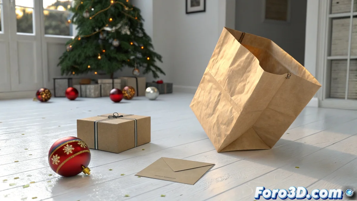 Secuencia de animacion en LightWave mostrando una bolsa de papel cayendo y arrugandose sobre un fondo blanco, con un sobre abriendose de manera realista.