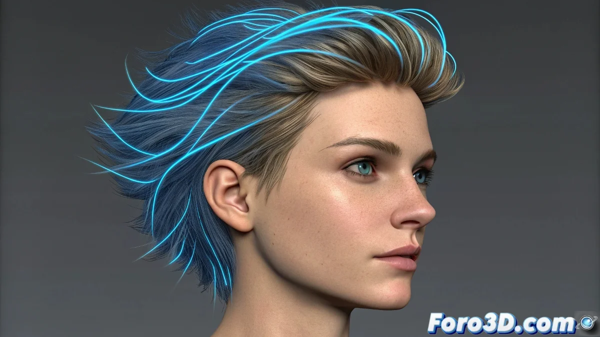 Simulación de cabello en 3ds Max con Hair Farm mostrando guías dinámicas
