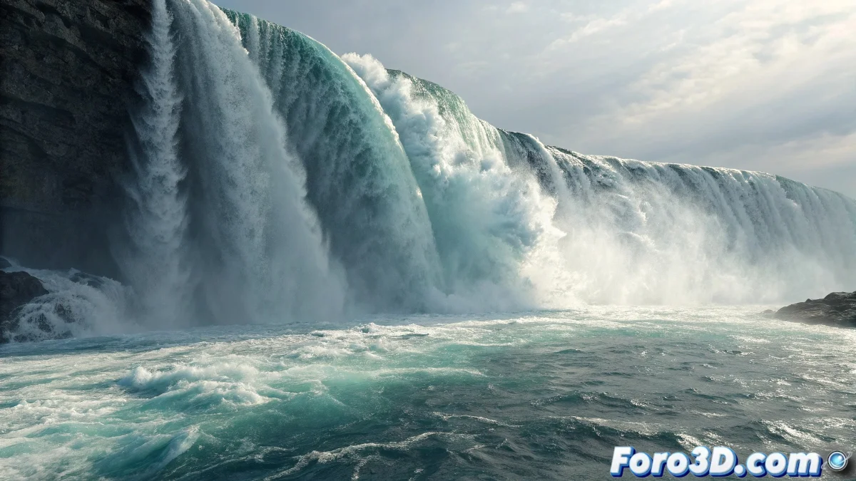 Cascada realista en Maya mostrando nParticles water cayendo sobre ocean platform con spray, splash y materiales de agua adecuados