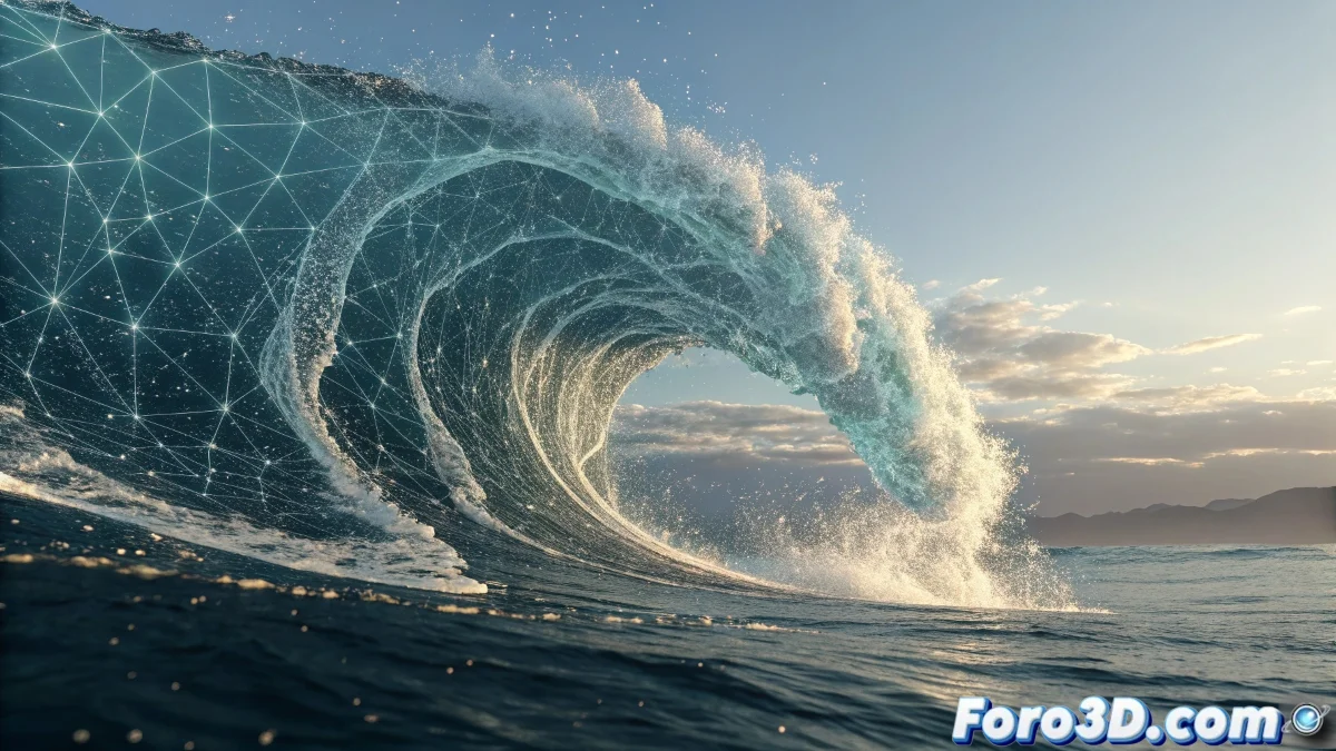 Composición en After Effects mostrando olas animadas con sistemas de partículas de espuma y salpicaduras impactando contra un muelle de pescadores