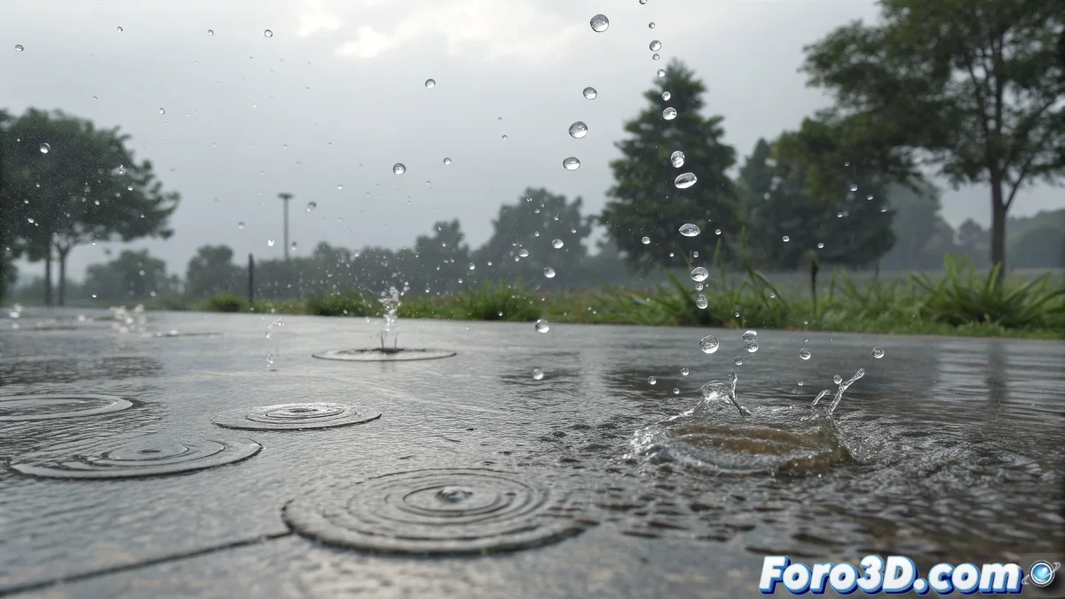 Simulación realista de gotas de lluvia impactando y rebotando en una charca de agua, mostrando salpicaduras y ondas concéntricas en RealFlow