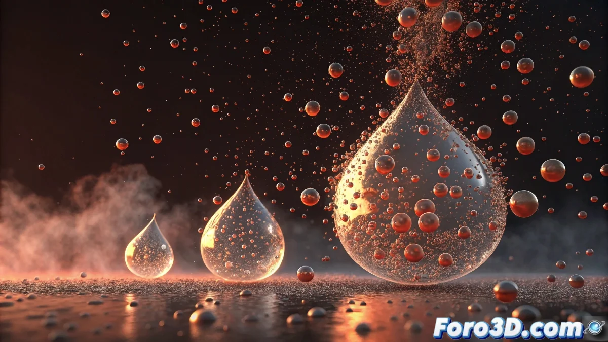 Sistema Particle Flow en 3ds Max mostrando gotas descendiendo por superficie de lata y absorbiendo partículas de condensación
