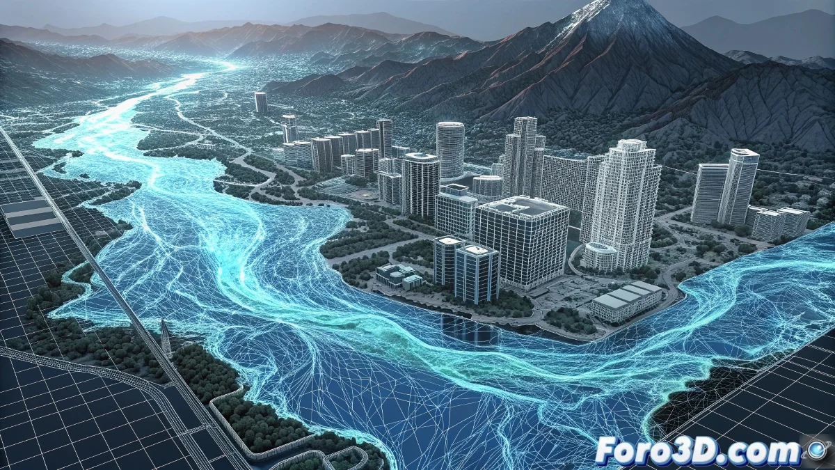 Simulación en Houdini de inundación urbana mostrando acumulación de agua en calles y edificios basada en modelo topográfico GIS