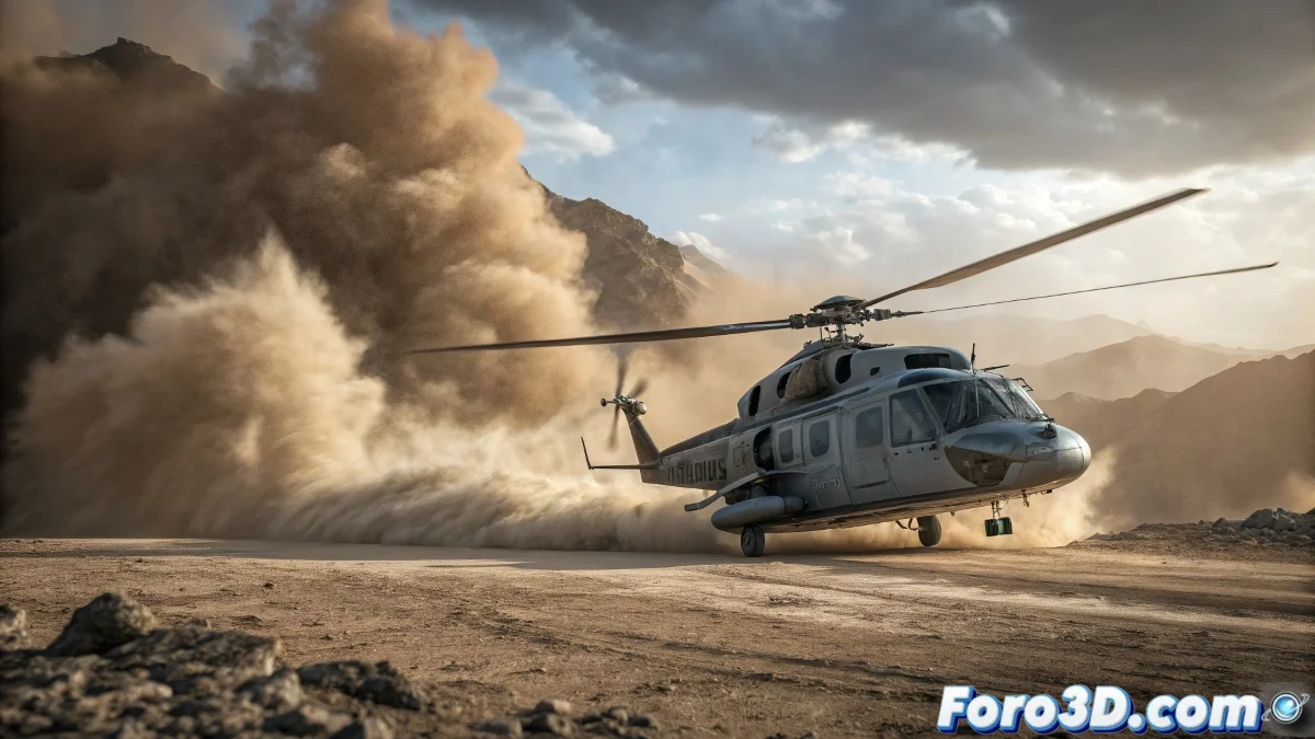 Helicóptero aterrizando en 3ds Max con efecto de polvo realista usando Particle Flow, deflectores y materiales de polvo voluminoso