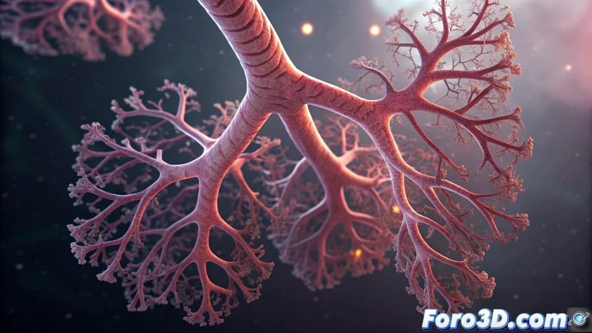 Render 3D hiperrealista de estructura bronquiolar humana mostrando ramificaciones tubulares con materiales translúcidos y detalles superficiales en entorno clínico