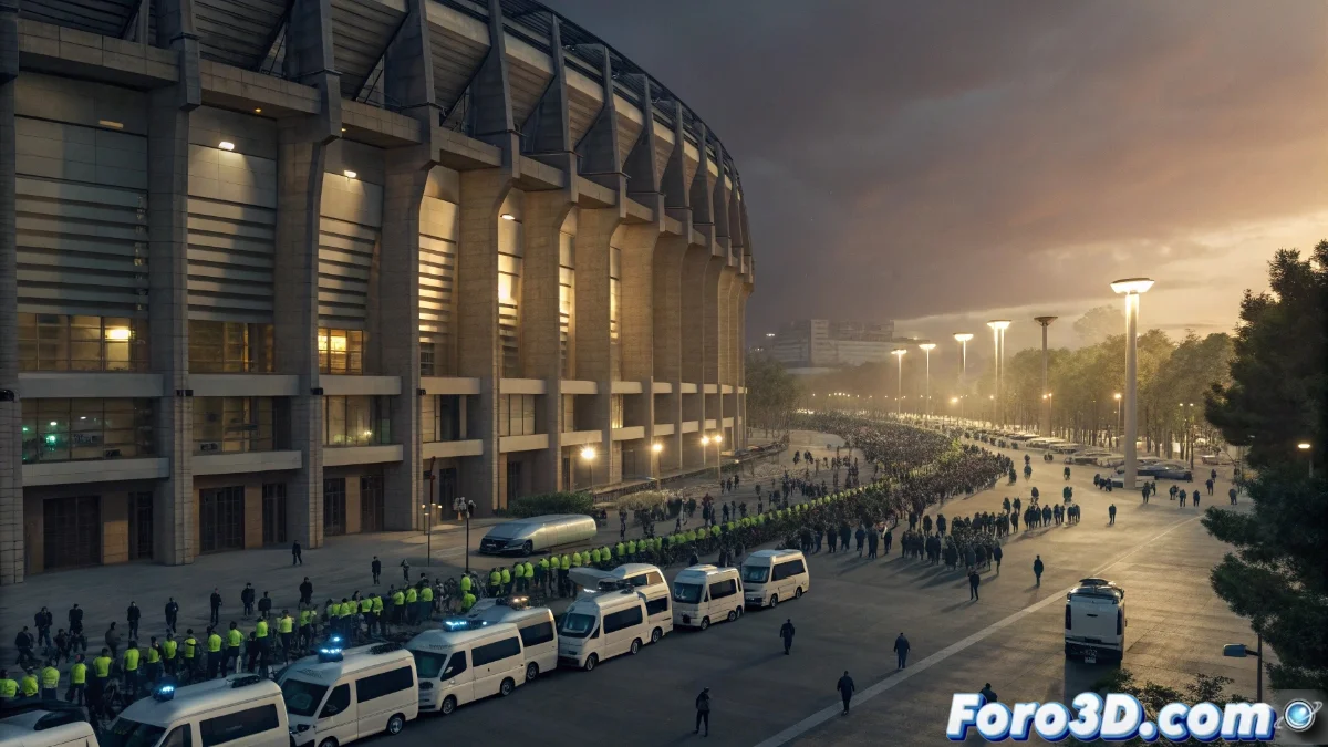 Agentes de policía formando un dispositivo de seguridad frente al estadio Santiago Bernabéu durante un evento deportivo internacional
