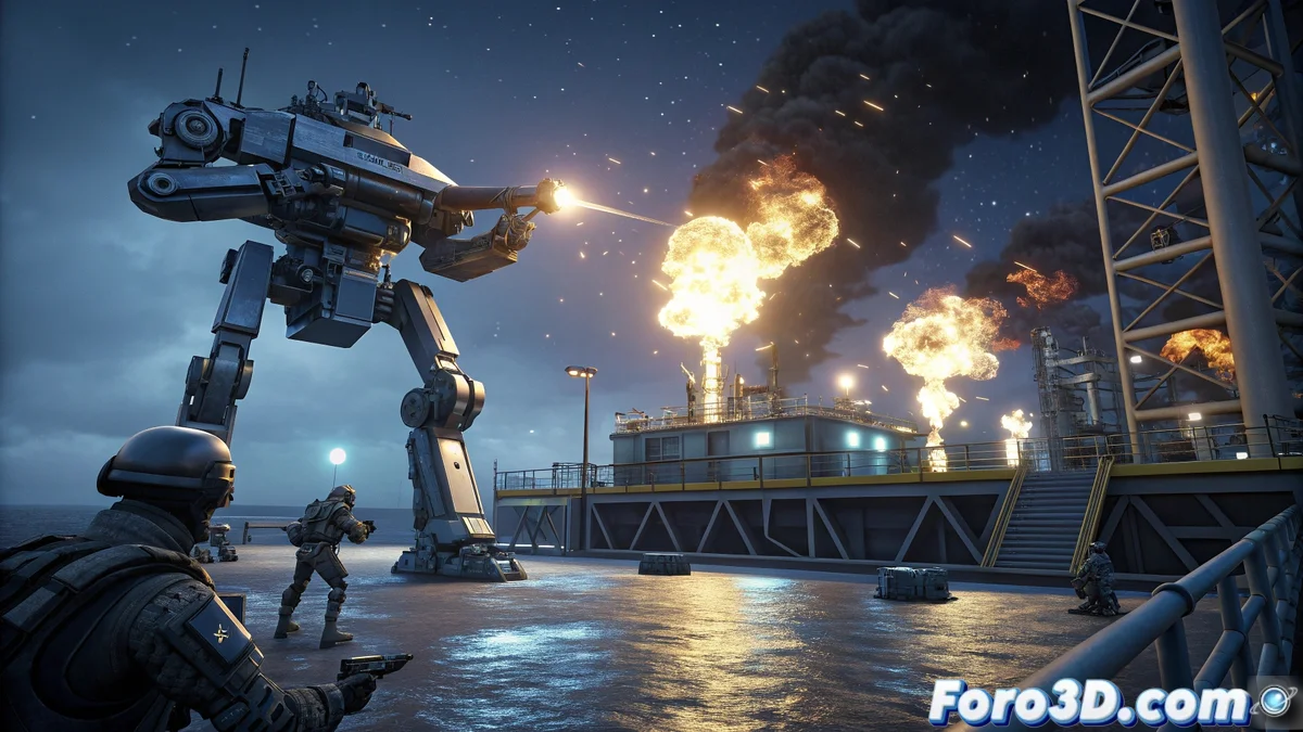 Robot cuadrúpedo de combate avanzado en la plataforma Deep Blue 3 durante una explosión nocturna, con mercenarios y marinos en enfrentamientos estratégicos.
