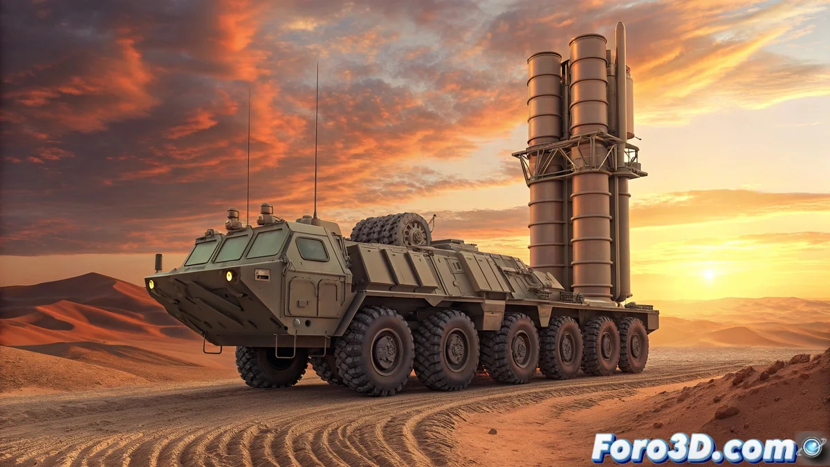 Render 3D detallado del sistema S-500 Prometey mostrando lanzadores móviles 8×8 con contenedores de misiles desplegados, antenas radar articuladas y vehículos de mando con cableado externo visible