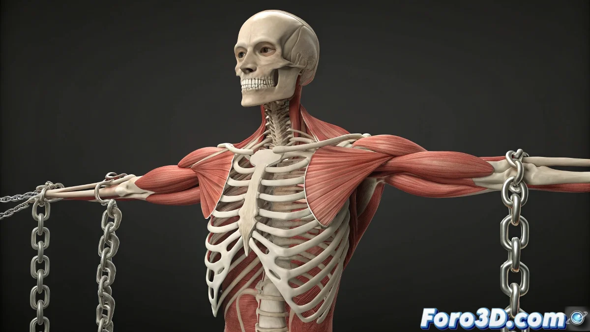 Sistema de músculos digitales en brazo 3D mostrando contracción mediante huesos y constraints en 3ds Max.