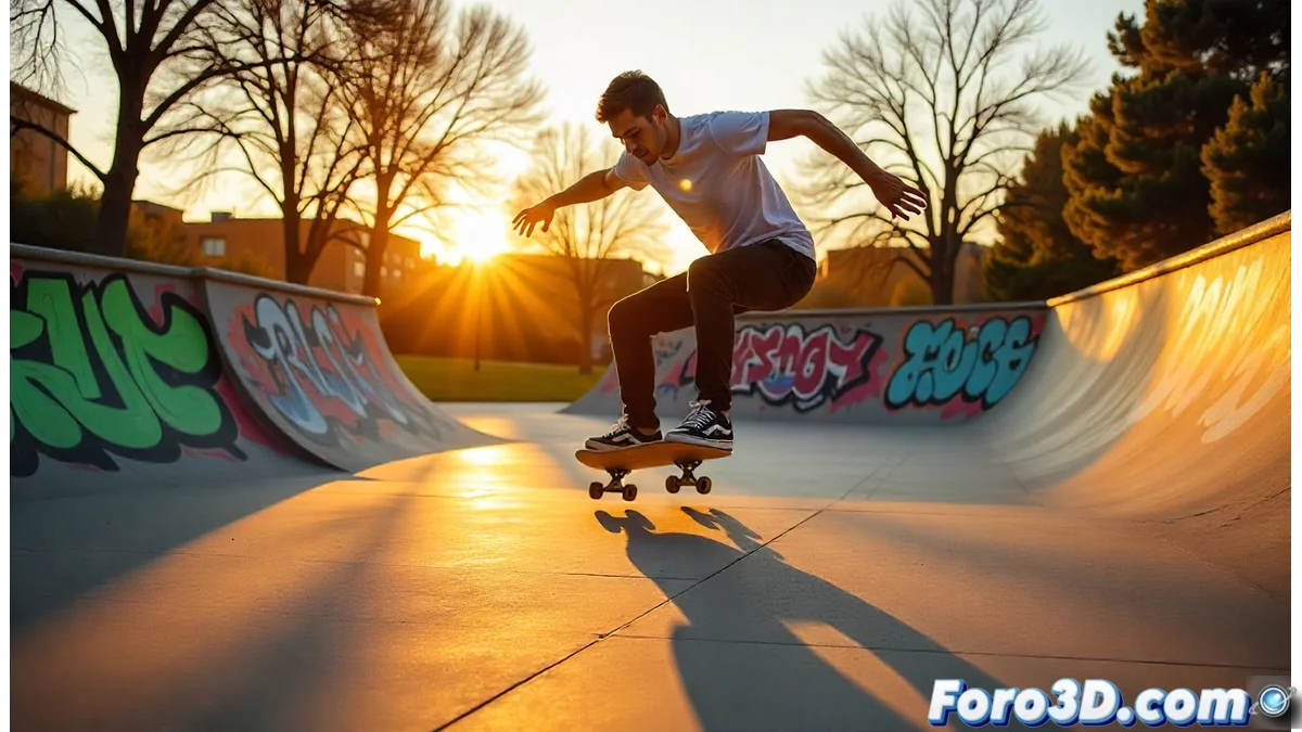 Render en tiempo real de un skater realizando un ollie en un entorno urbano detallado con iluminación global y texturas de alta fidelidad en Unreal Engine 5.