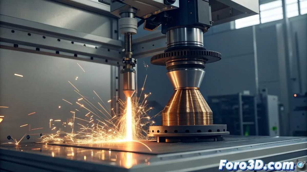 Componente de motor de cohete impreso en 3D con aleación especial resistente al calor, mostrando estructura interna compleja y detalles de fabricación aditiva