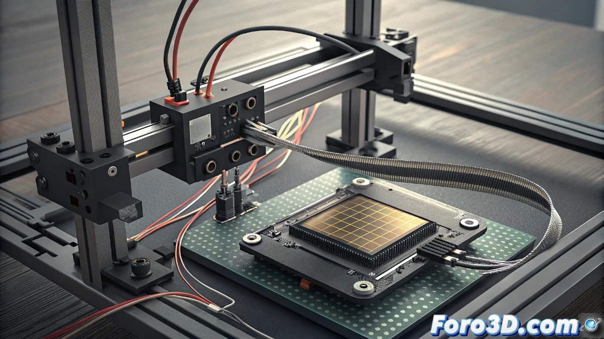 Diagrama técnico mostrando la conexión entre placa base y pantalla LCD en impresora 3D, con detalles del cable plano y conectores.
