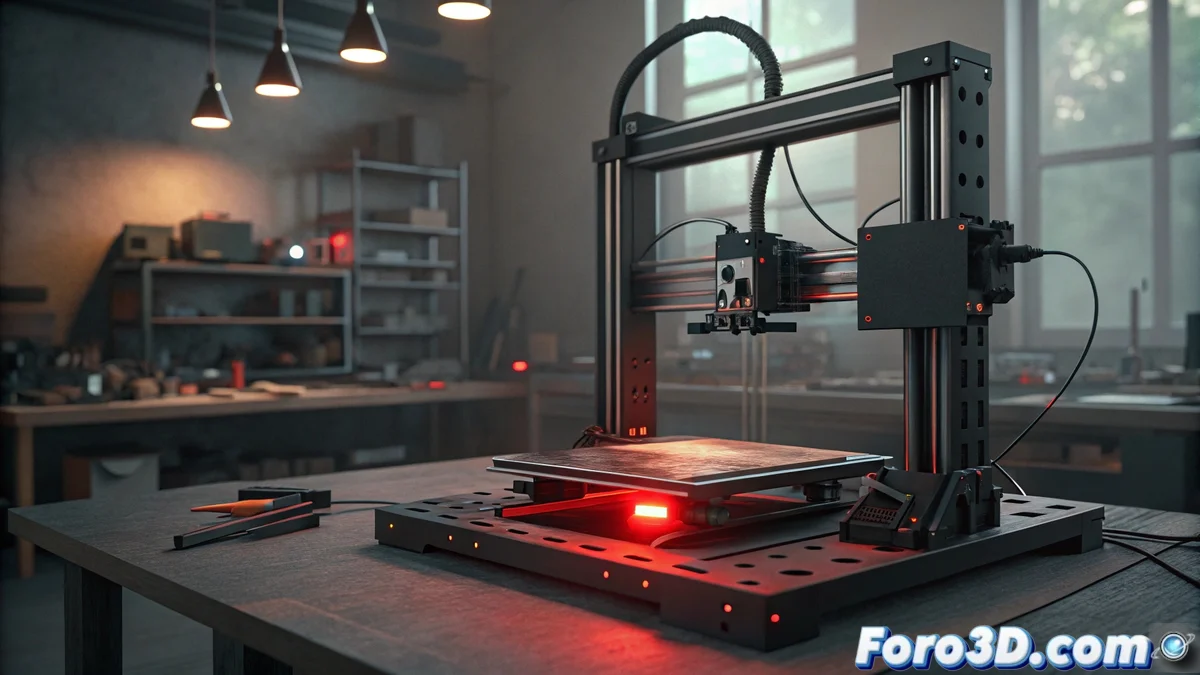 Impresora 3D Bamboo mostrando código de error HMS_0300-0D00-0001-0003 en pantalla LCD con placa de construcción desalineada