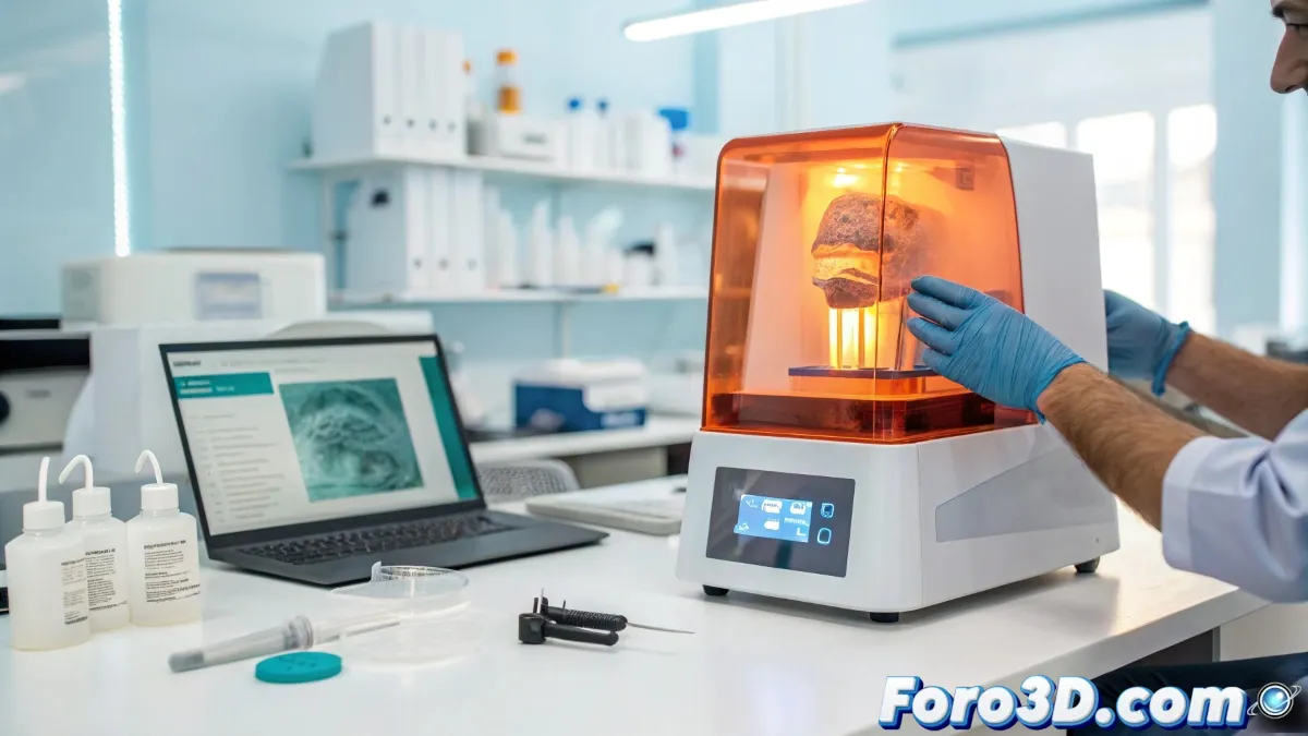 Técnico dental trabajando con impresora 3D para fabricar férula de descarga transparente en laboratorio odontológico moderno
