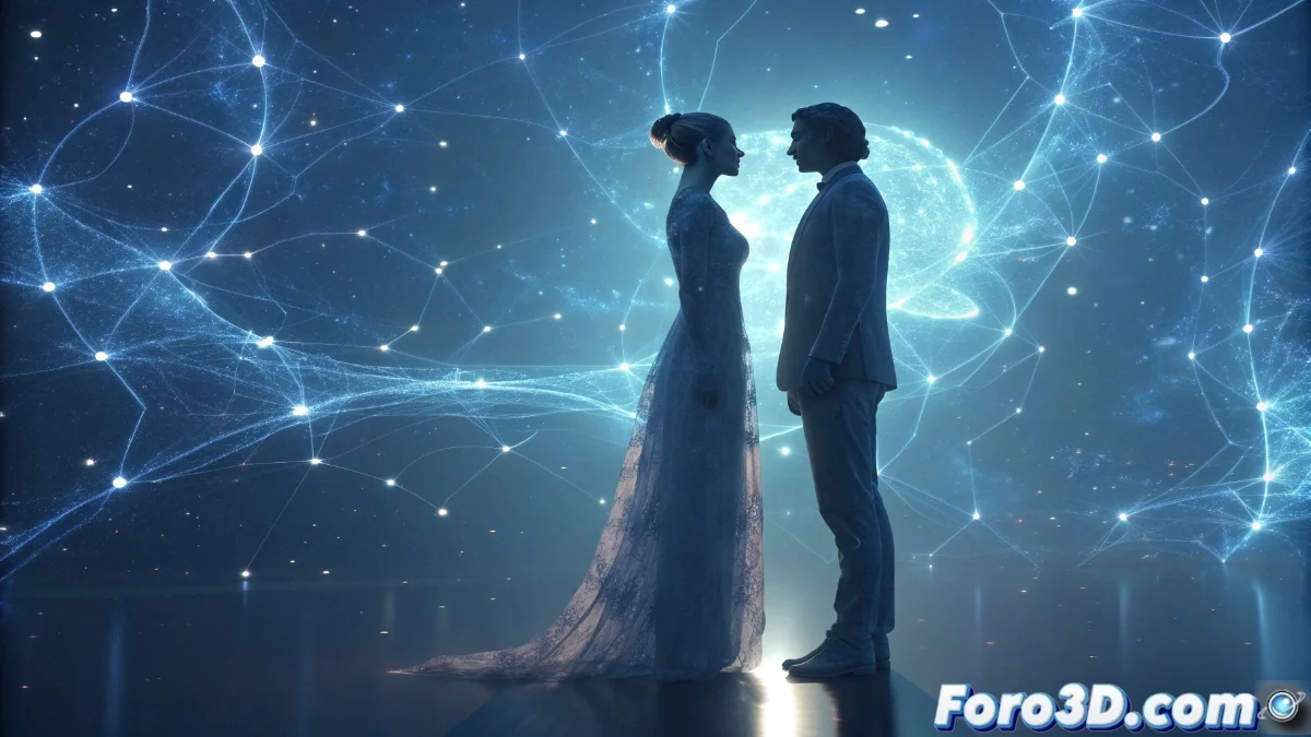 Ilustración onírica de una pareja casándose en un paisaje surrealista con elementos simbólicos de transformación personal y conexión emocional