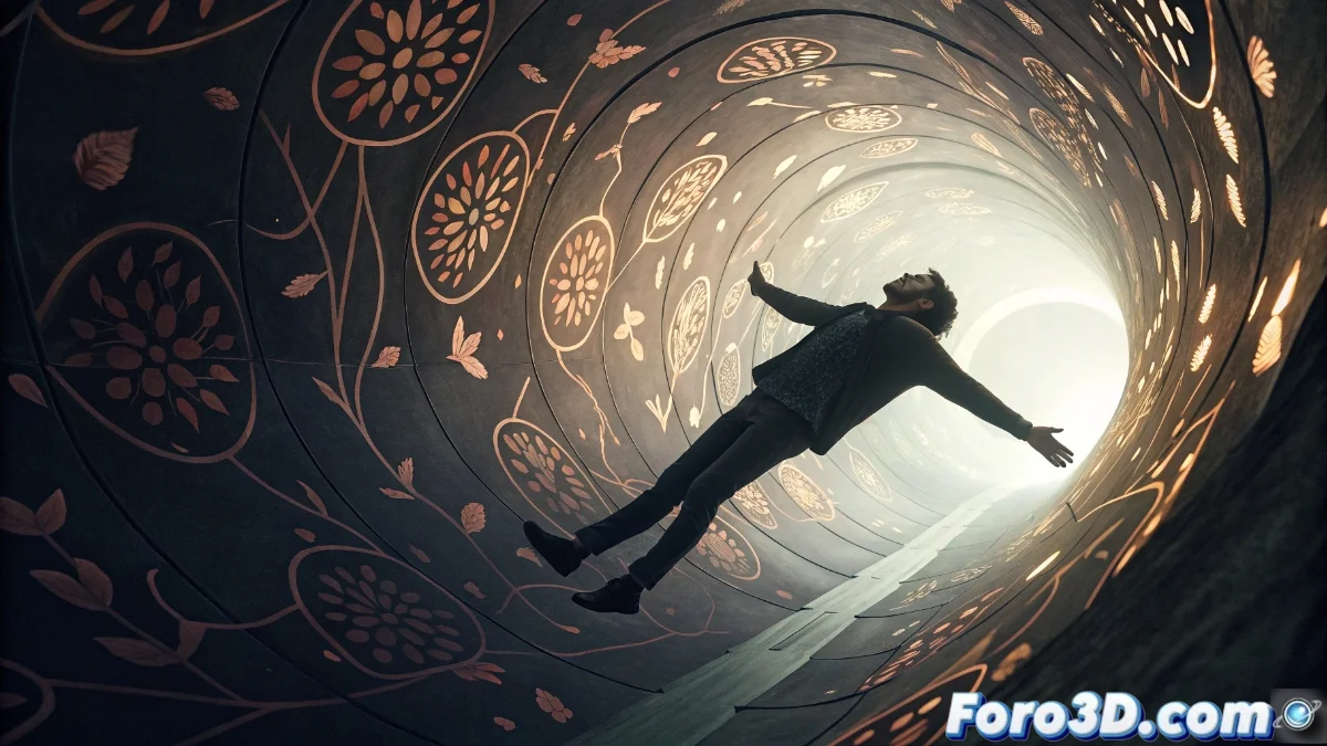 Persona cayendo en un agujero oscuro con efectos visuales oníricos, representando la sensación de vértigo y pérdida de control durante el sueño