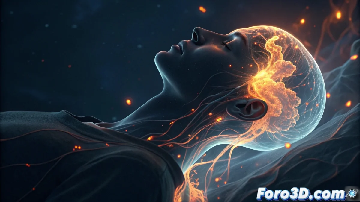 Ilustración conceptual que muestra un cerebro humano con llamas emergiendo de la amígdala, fusionando elementos neurológicos y simbólicos del fuego onírico