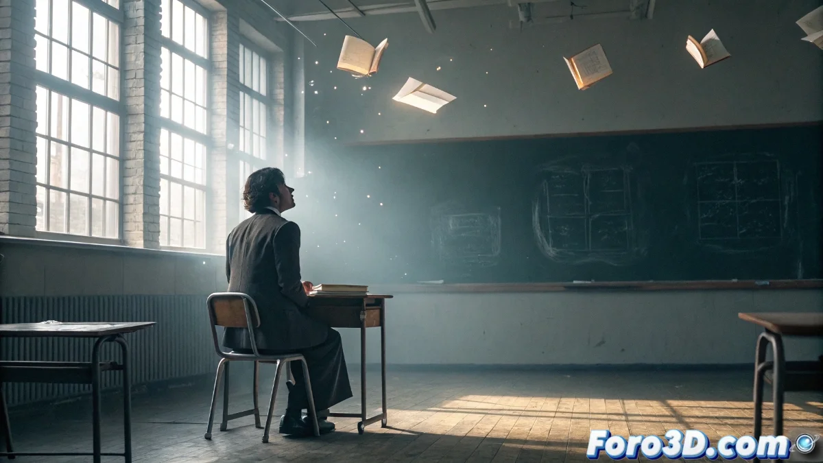 Ilustración onírica que muestra un pasillo escolar infinito con pizarrones que reflejan escenas de la vida adulta, creando una fusión entre el entorno educativo y situaciones actuales