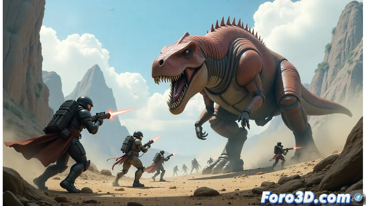 Concept art del MMORPG Horizon mostrando un grupo de jugadores con armaduras tribales tecnológicas enfrentándose a una máquina robótica gigante en un paisaje postapocalíptico cubierto de vegetación.