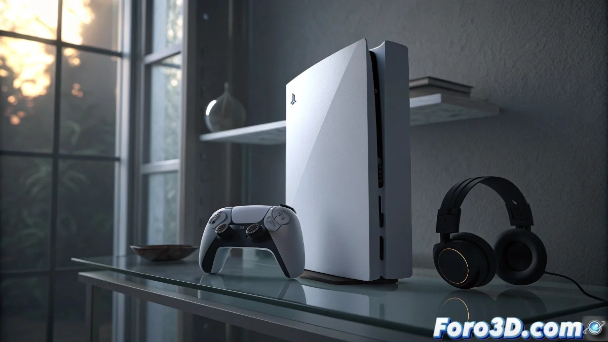 Consola PlayStation 5 con un solo mando DualSense sobre fondo negro, mostrando la caja del producto abierta con accesorios limitados visibles