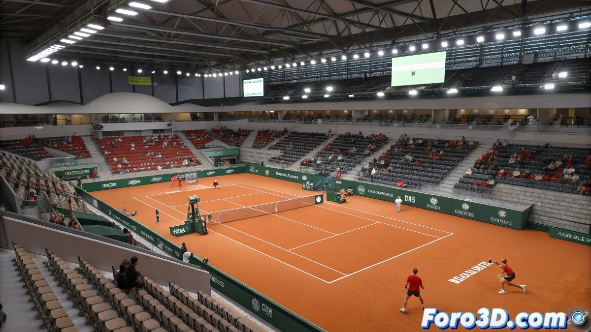 Plano en AutoCAD de un estadio de tenis con canchas, jugadores y gradas en vista alzada y perspectiva, mostrando detalles tecnicos y anotaciones.