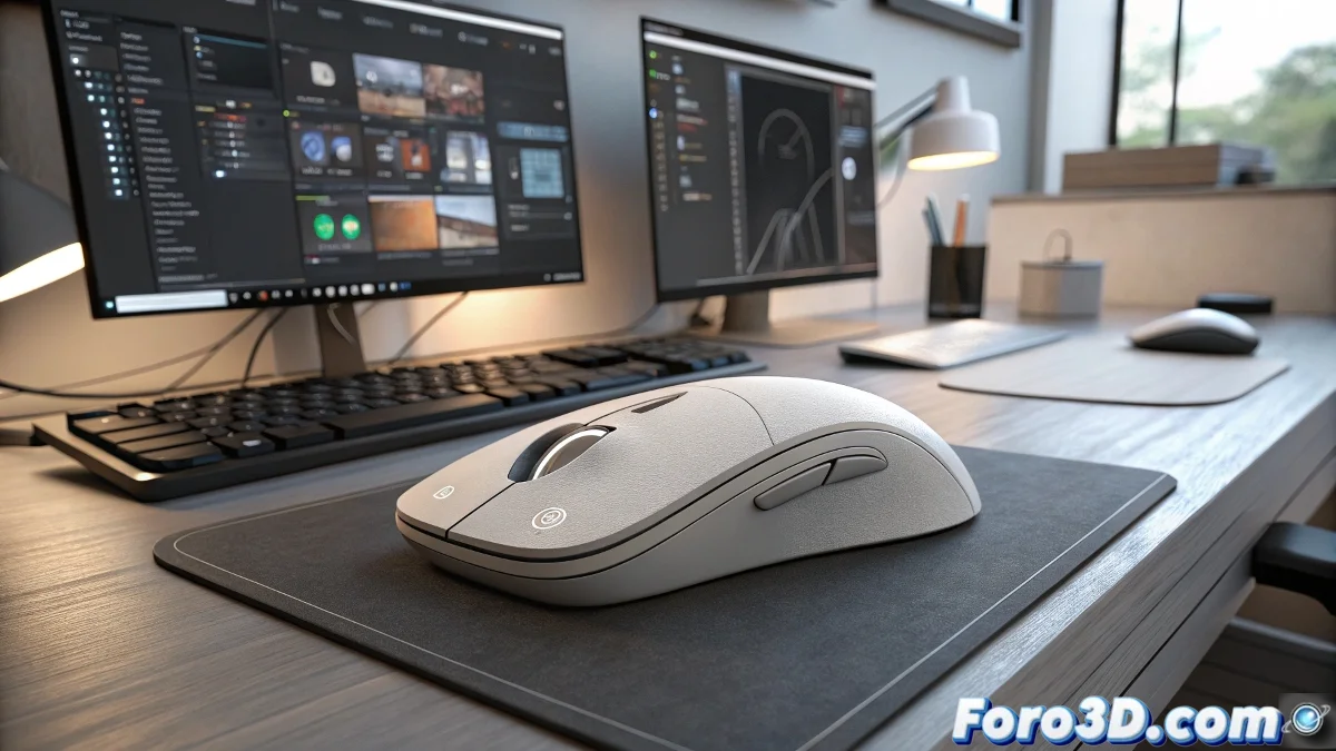 Ratón de ordenador ergonómico Squeak de color gris sobre una mesa de trabajo, mostrando su diseño inusual junto a un teclado.