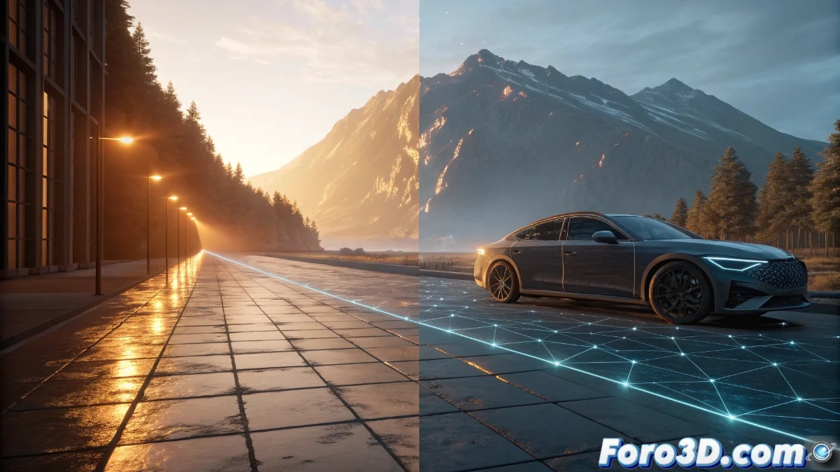 Diagrama comparativo mostrando interfaz de Stable Diffusion generando imágenes desde texto junto a red nodal de Material Maker creando materiales procedurales