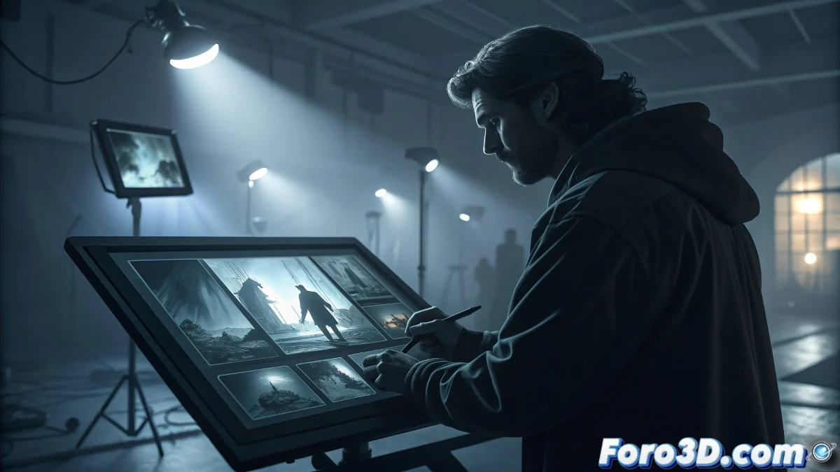 Artista de storyboard trabajando en secuencia cinematográfica con Wacom One 13 Touch, mostrando paneles secuenciales con anotaciones de cámara, movimiento y diálogo en software especializado.